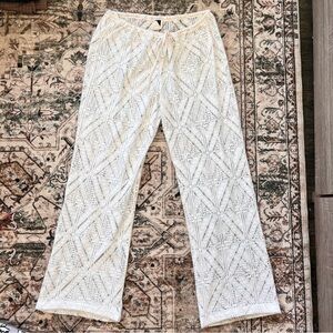 Crochet Swimsuit Coverup Drawstring Pants-White- XL